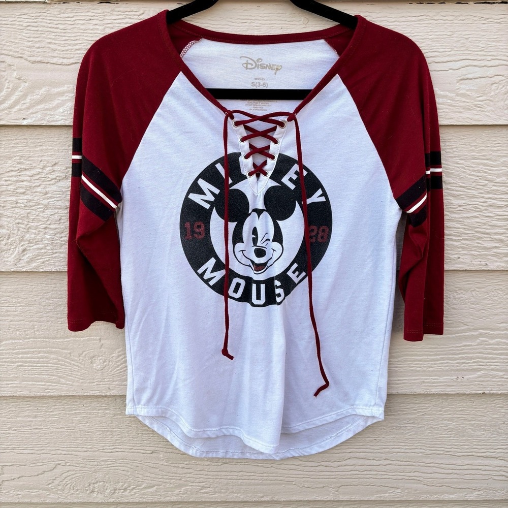 Disney Mickey Mouse Graphic Lace Up T-Shirt with Baseball Varsity‎ Stripe Sz S